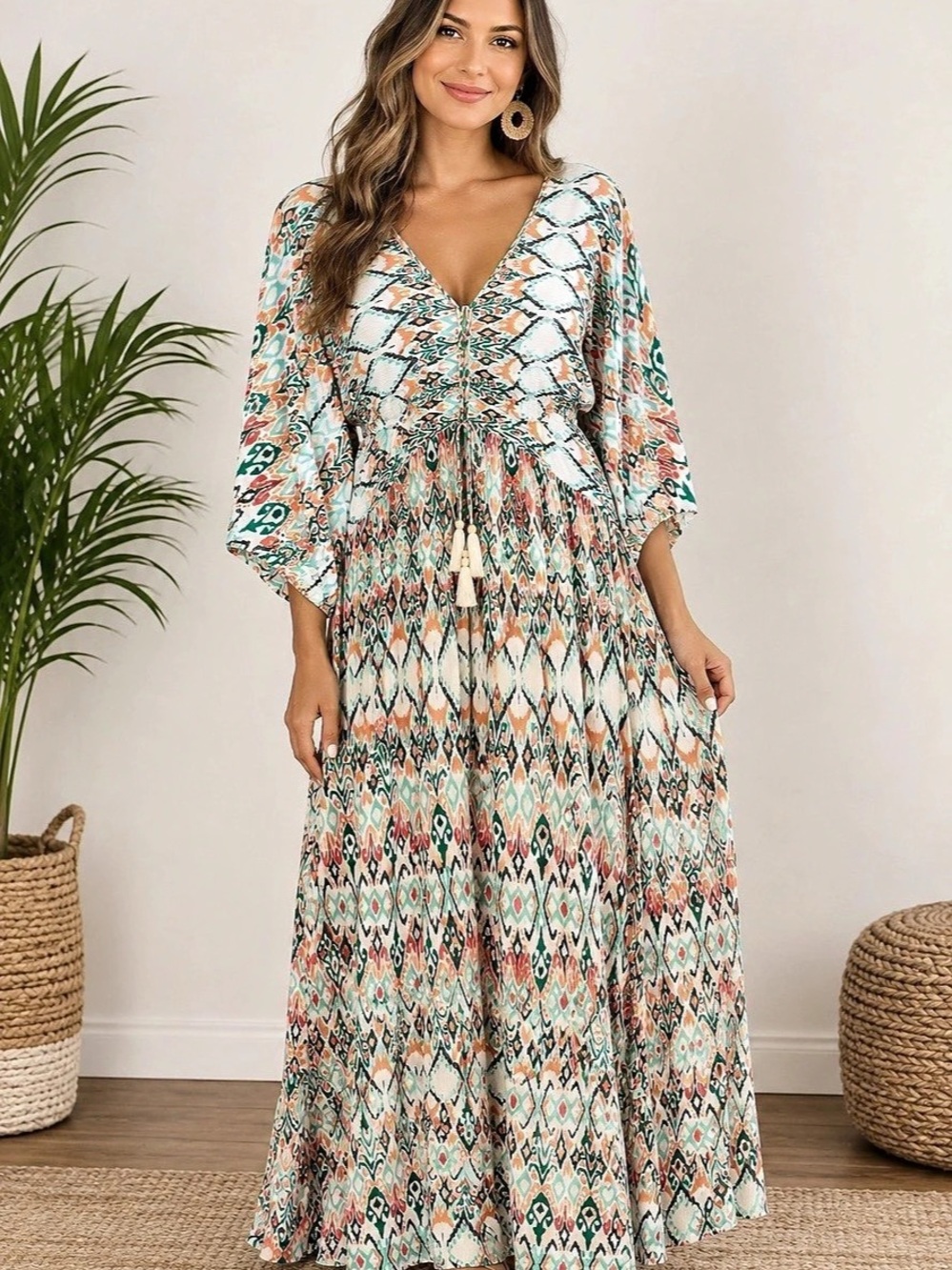 World Market Geometric Maxi Dress in White & Orange Size XL